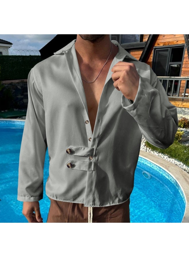 Loose Casual Long Sleeve Men's Shirt  Open Cardigan Collar Buttoned Spring Autumn Wear Comfortable Cotton Shirt  - Image 2