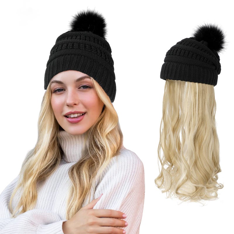 AynnQueen Beanie with Hair Attached for Women Slouchy Cable Hat Wig Knit Beanie Winter Hat with 20inch Removable Hair Extensions Wig Ash Blonde Mix Bleach BlondeBlack Hat