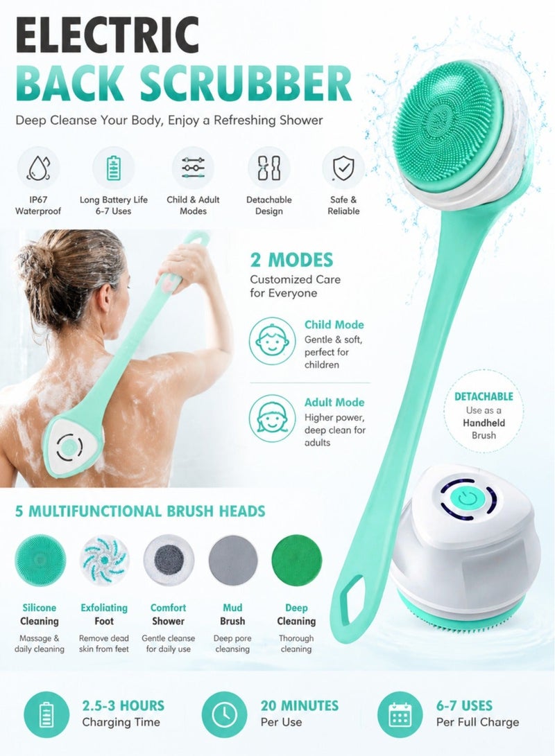 Bukela Electric Back Scrubber Body Brush Rechargeable Shower Brush IP67 Waterproof, Electric Body Scrubber for Shower Deep Exfoliating Massage Brush, 5 Interchangeable Heads, Loofah Alternative Spa Cleaning Tool - Image 1