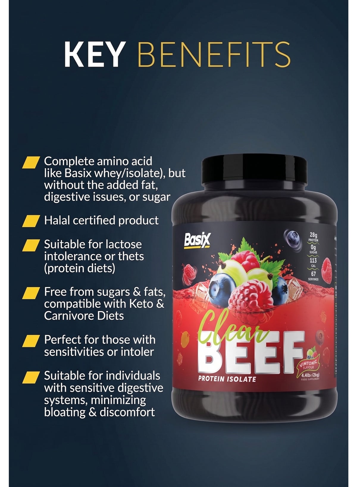 Clear Beef Protein Isolate Powder, 28G Protein Per Serving, Hydrolyzed, Dairy-Free, Sugar-Free, Keto Friendly, Vimtonic, 2Kg (4.4Lb)