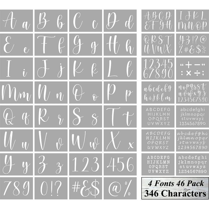 REOLAN Letter Stencils for Painting on Wood - 46 Pack Large Alphabet Stencil Templates with Numbers and Signs, Reusable Letters and Numbers Stencils in 4 Fonts and 346 Designs for Wood Burning & Wall Art - Image 1