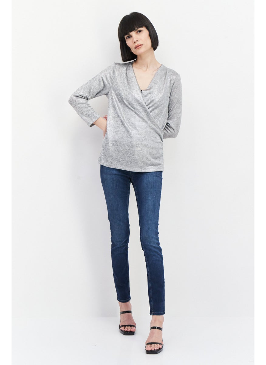 Studio by JPR Women Surplice Neck 3/4 Sleeve Metallic Faux-Wrap Top, Silver  - Image 2