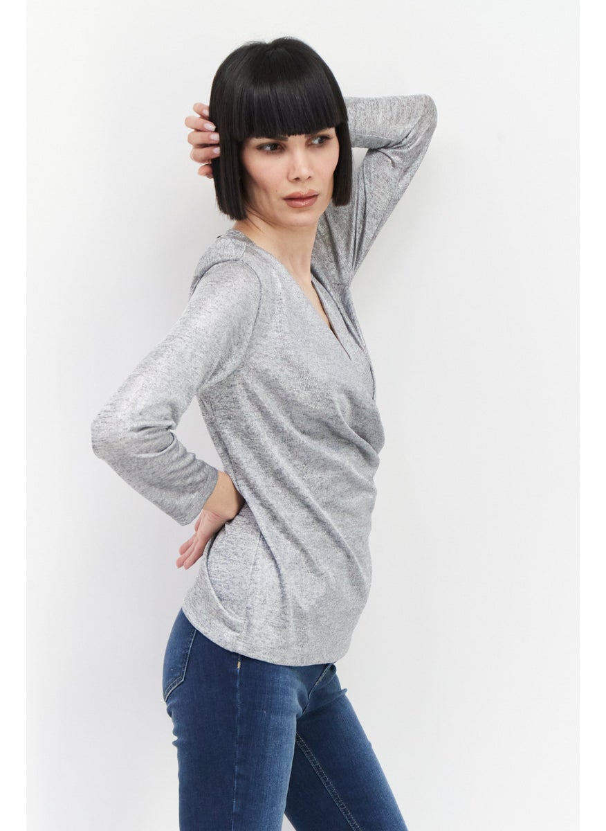 Studio by JPR Women Surplice Neck 3/4 Sleeve Metallic Faux-Wrap Top, Silver  - Image 4