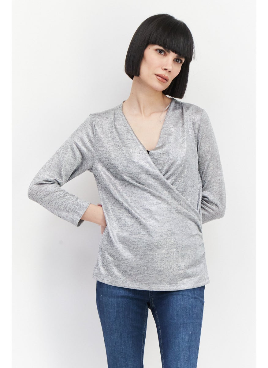 Studio by JPR Women Surplice Neck 3/4 Sleeve Metallic Faux-Wrap Top, Silver  - Image 1