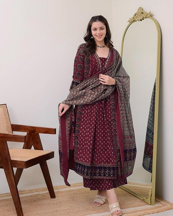 SKY FAB Women's Rayon Printed Anarkali Kurta and Pant with Dupatta Set (Large Size Available) - Image 3