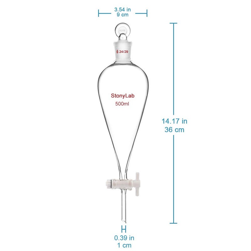 stonylab PTFE Stopcock Separatory Funnel 500ml, Borosilicate Glass Heavy Wall Conical Pear-Shaped Separation Funnel with 24/29 Joint - Image 2