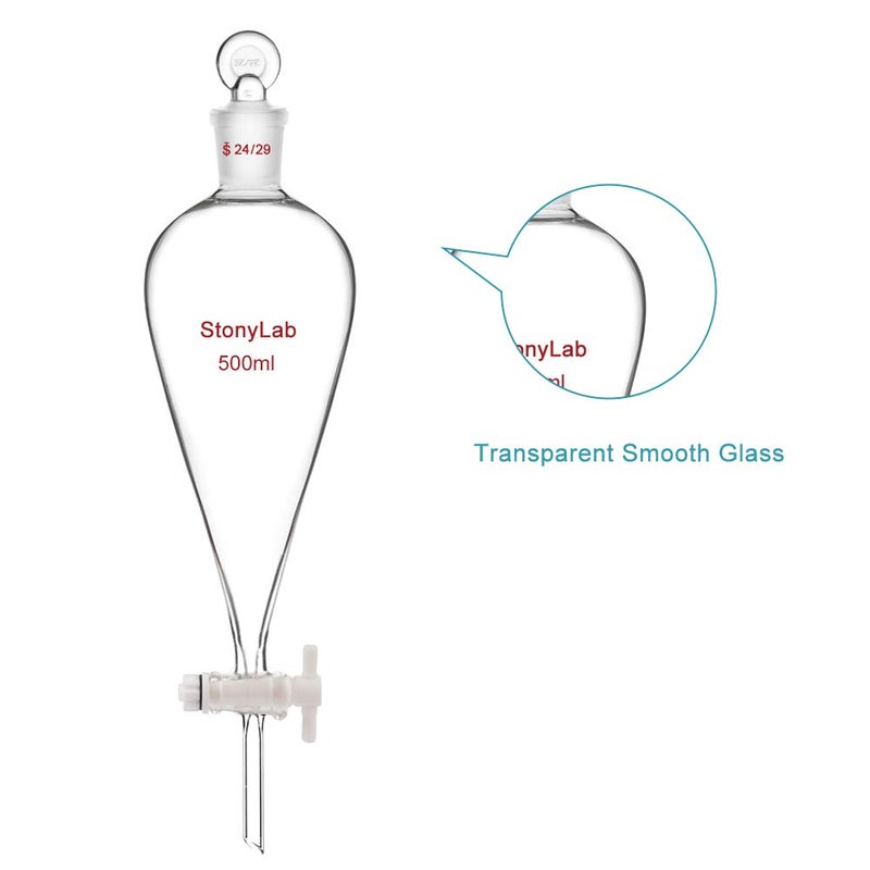 stonylab PTFE Stopcock Separatory Funnel 500ml, Borosilicate Glass Heavy Wall Conical Pear-Shaped Separation Funnel with 24/29 Joint - Image 4