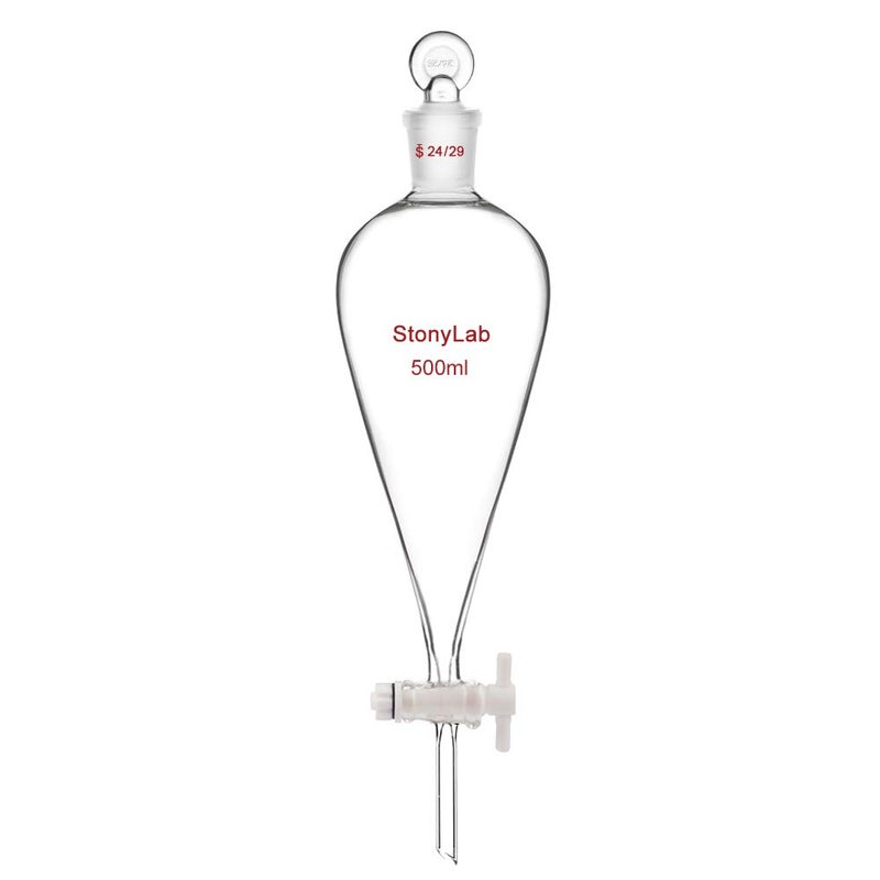 stonylab PTFE Stopcock Separatory Funnel 500ml, Borosilicate Glass Heavy Wall Conical Pear-Shaped Separation Funnel with 24/29 Joint - Image 1