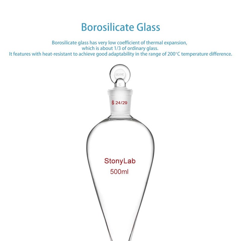 stonylab PTFE Stopcock Separatory Funnel 500ml, Borosilicate Glass Heavy Wall Conical Pear-Shaped Separation Funnel with 24/29 Joint - Image 3