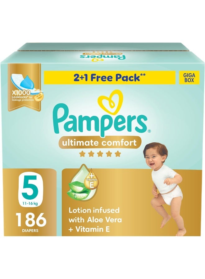 Pampers Ultimate Comfort Taped Diapers, Size 5, 11-16kg, Lotion infused with Aloe Vera and Vitamin E, x1000 Leak Locks Technology for Leakage Protection, Giga Box, 186 Count - Image 1