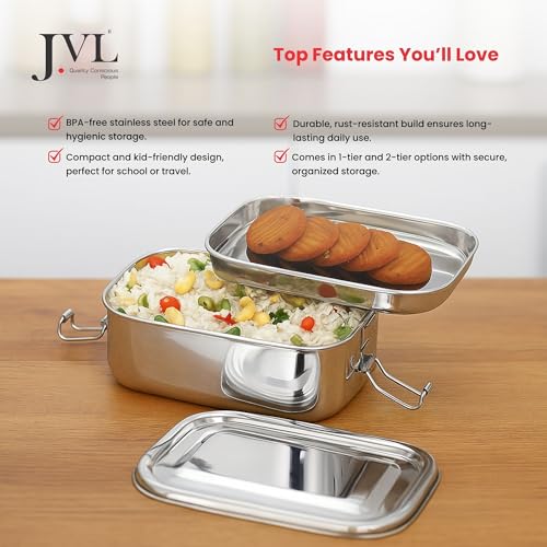 JVL Classicware Stainless Steel Lunch Box Single Tier, Capacity Leak-Resistant Durable & Eco-Friendly Ideal for Office School & Travel - Rectangular Big (650 ML) - Image 5
