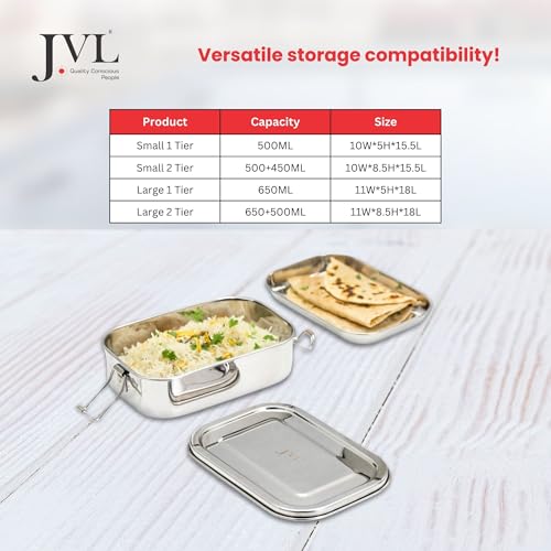 JVL Classicware Stainless Steel Lunch Box Single Tier, Capacity Leak-Resistant Durable & Eco-Friendly Ideal for Office School & Travel - Rectangular Big (650 ML) - Image 2