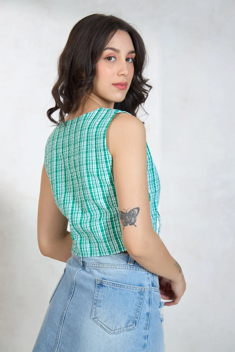 Virgio Green Checks Cotton Green Top With Front Tie-Up for Women for Women | Best Price UAE