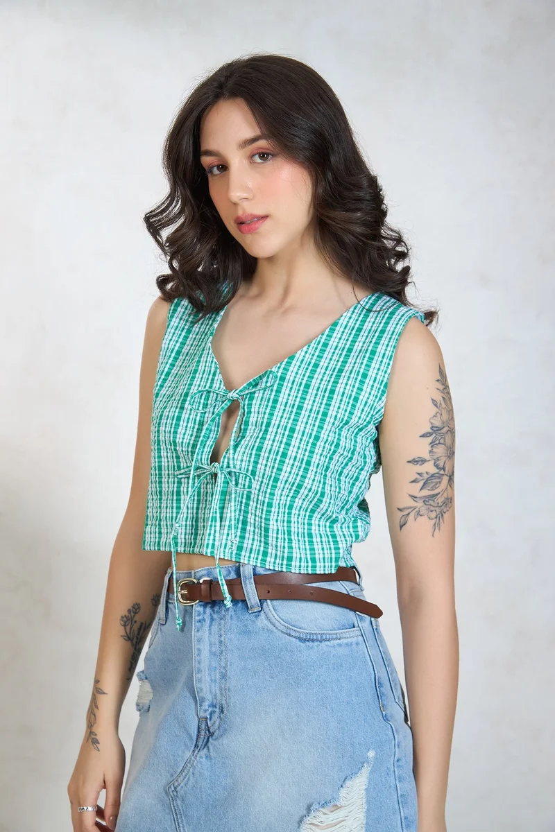 فيرجيو Checks Cotton Green Top With Front Tie-Up for Women