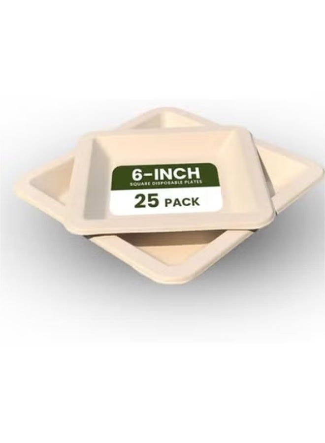 ايكواي Ecoway [6 Inch Square Plate Pack Of 25] White Color- Disposable Plates Made With Bagasse Sugar Canes Microwave & Freeze Safe, Compostable & Biodegradable Dinner Plates, Strong Everyday Tableware - Image 1