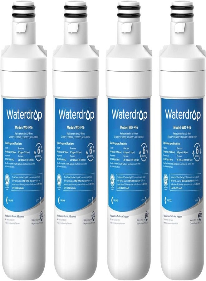 ووتر دروب فلتر مياه ثلاجة Waterdrop LT1000PC ADQ747935 MDJ64844601، يقلل الكلور والطعم والرائحة الكريهة، بديل لفلتر LG® LT1000P®، ADQ74793501، ADQ74793502، Kenmore 46-9980، عبوة من 4 قطع - Image 1