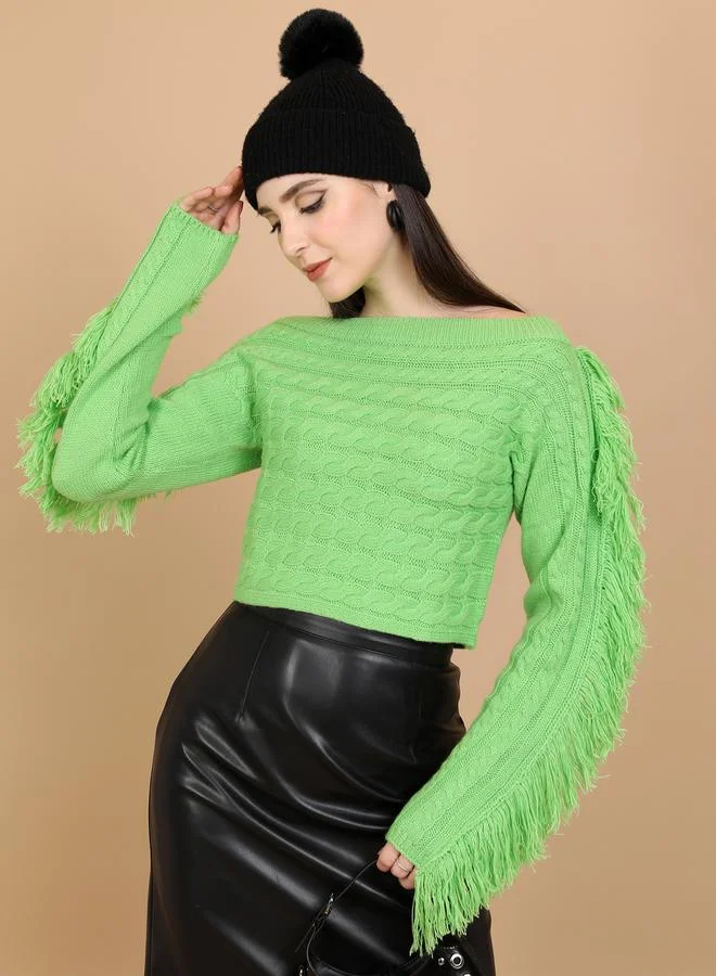 Tokyo Talkies Textured Cable Knit Boat Neck Sweater by Styli