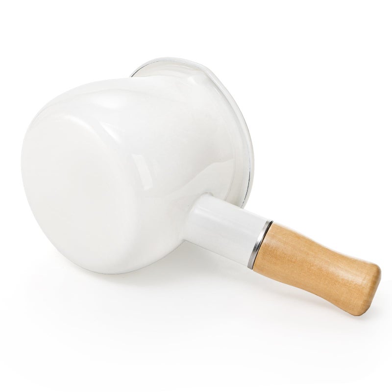 DEAYOU Enamel Milk Pot, 0.6 Quart Mini Butter Warmer Saucepan with Insulated Wooden Handle and Dual Pour Spout, Nonstick Small Soup Pot for Stove Top, Home, Kitchen, Cooking, Heating, Boiling, 18 Oz - Image 4