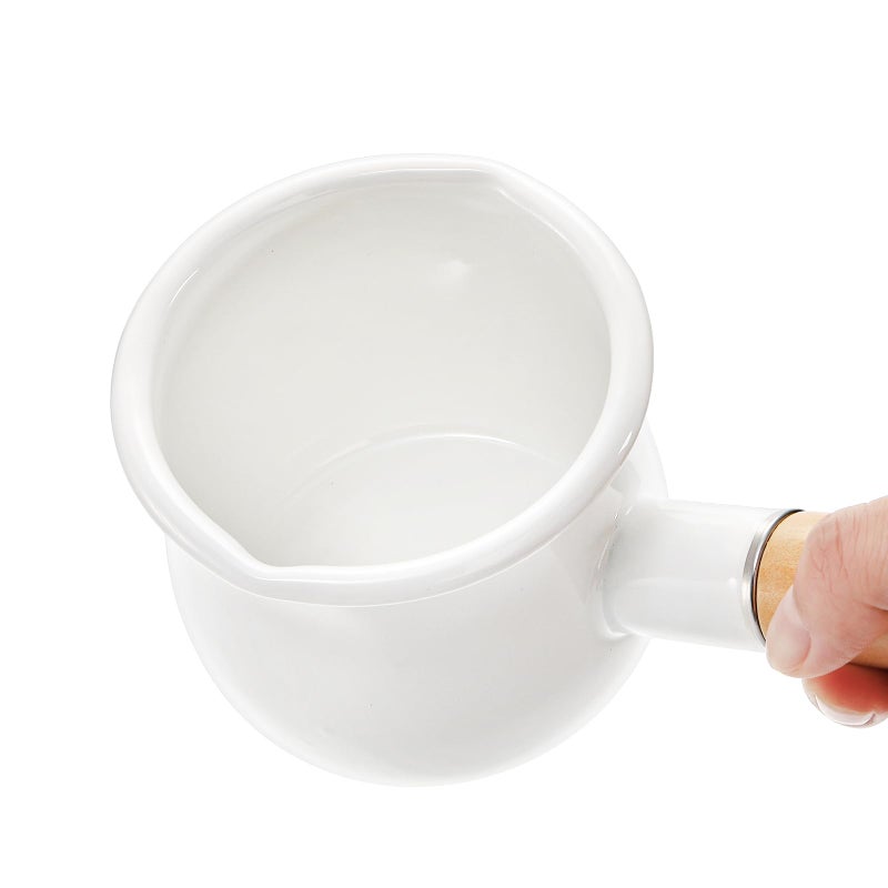 DEAYOU Enamel Milk Pot, 0.6 Quart Mini Butter Warmer Saucepan with Insulated Wooden Handle and Dual Pour Spout, Nonstick Small Soup Pot for Stove Top, Home, Kitchen, Cooking, Heating, Boiling, 18 Oz - Image 5