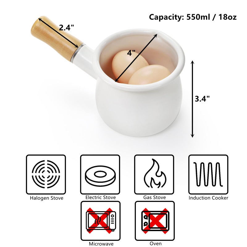 DEAYOU Enamel Milk Pot, 0.6 Quart Mini Butter Warmer Saucepan with Insulated Wooden Handle and Dual Pour Spout, Nonstick Small Soup Pot for Stove Top, Home, Kitchen, Cooking, Heating, Boiling, 18 Oz - Image 2