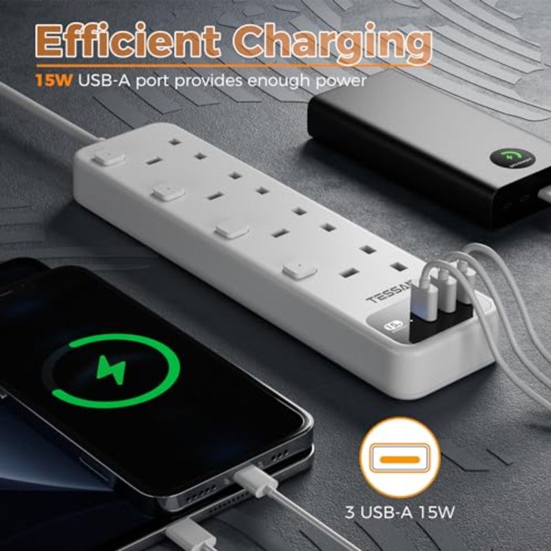 Extension Lead 5M with 3 USB Slots, 4 Way Multi Plug Extender, Extension Cable with Switches, Multiplug Socket UK 3250W for Home Office School Supplies - Image 5