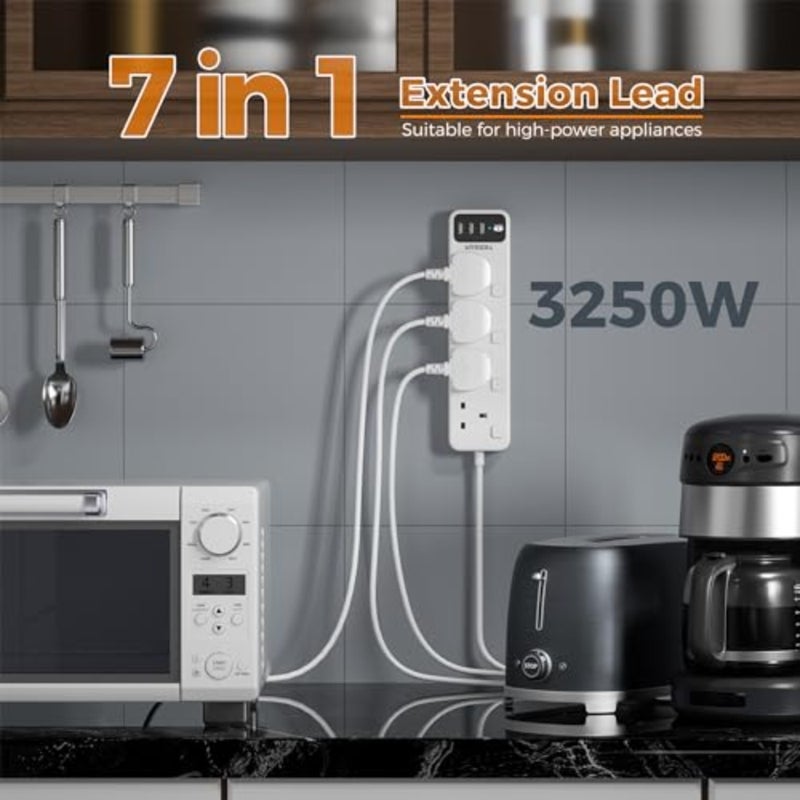 Extension Lead 5M with 3 USB Slots, 4 Way Multi Plug Extender, Extension Cable with Switches, Multiplug Socket UK 3250W for Home Office School Supplies - Image 2