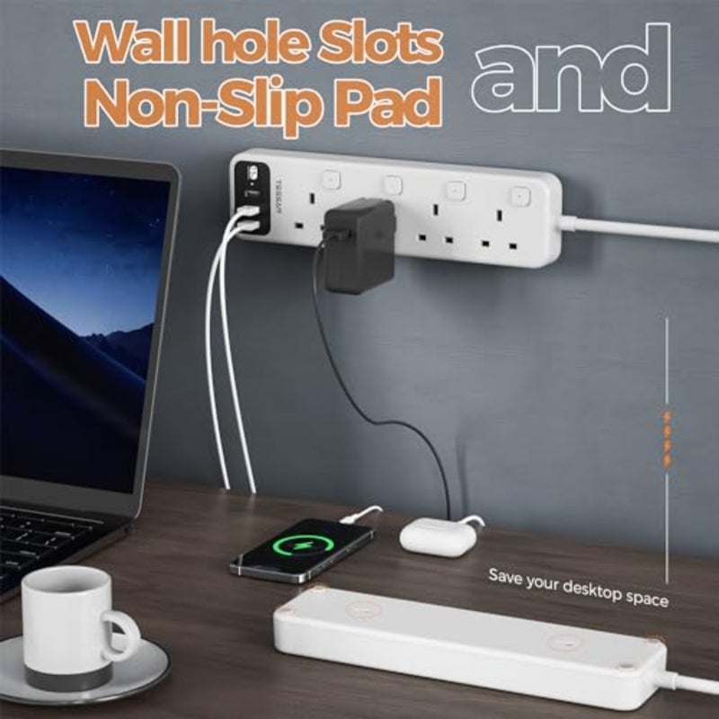 Extension Lead 5M with 3 USB Slots, 4 Way Multi Plug Extender, Extension Cable with Switches, Multiplug Socket UK 3250W for Home Office School Supplies - Image 4