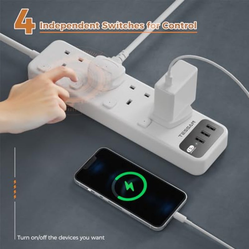 Extension Lead 5M with 3 USB Slots, 4 Way Multi Plug Extender, Extension Cable with Switches, Multiplug Socket UK 3250W for Home Office School Supplies - Image 3