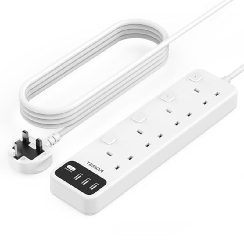 Extension Lead 5M with 3 USB Slots, 4 Way Multi Plug Extender, Extension Cable with Switches, Multiplug Socket UK 3250W for Home Office School Supplies - Image 1