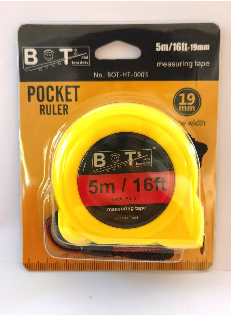 BOTs and four dots - 5.0 Meter Slid – Lock Measuring Tape, 19mm Tape Width, Yellow Color. Ref. No.: BOT-HT- 0003 - Image 1