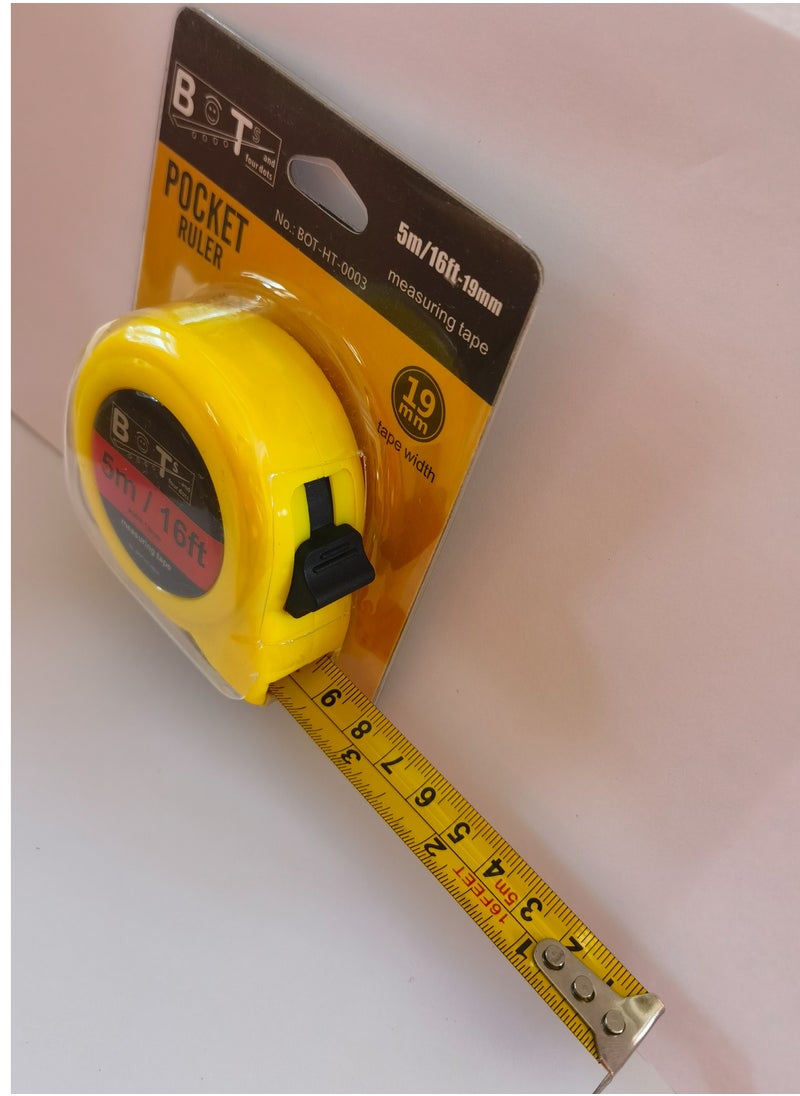 BOTs and four dots - 5.0 Meter Slid – Lock Measuring Tape, 19mm Tape Width, Yellow Color. Ref. No.: BOT-HT- 0003 - Image 1