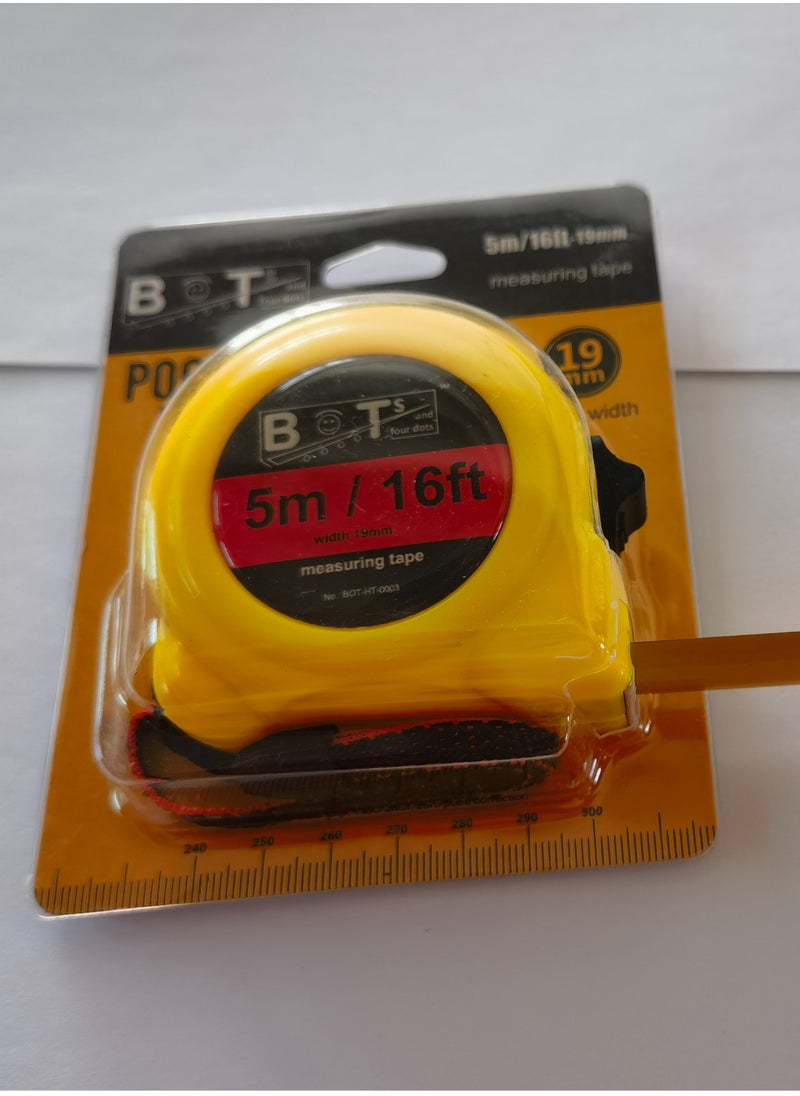 BOTs and four dots - 5.0 Meter Slid – Lock Measuring Tape, 19mm Tape Width, Yellow Color. Ref. No.: BOT-HT- 0003 - Image 1