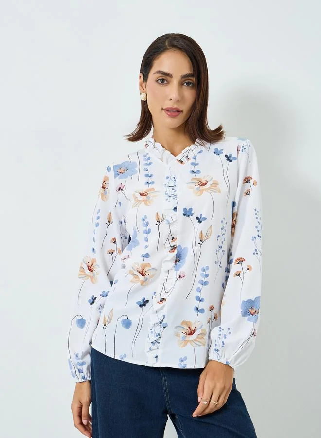 Take Two Women Floral Printed Ruffled Trim Top