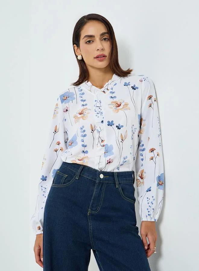 Take Two Women Floral Printed Ruffled Trim Top
