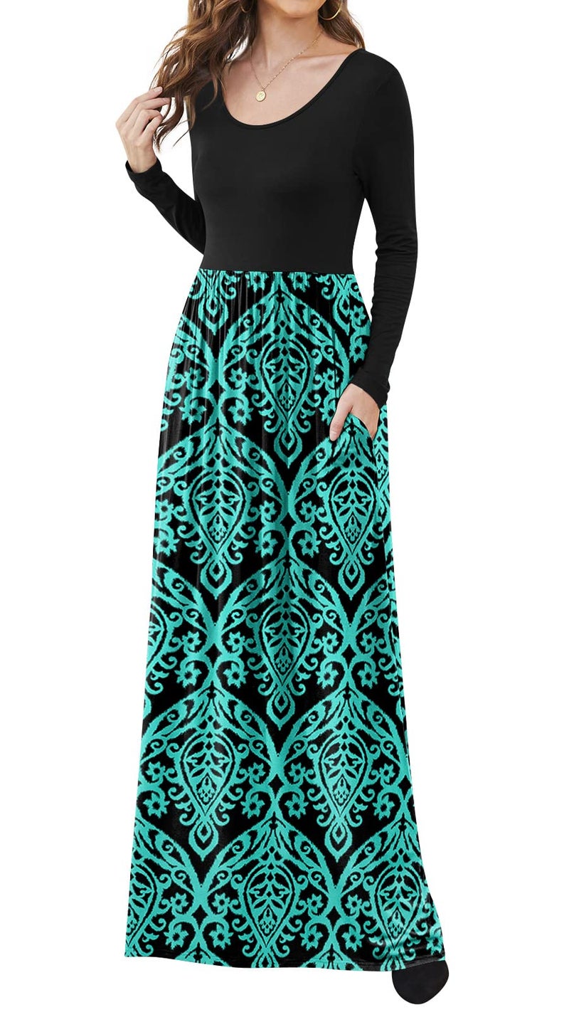 DB MOON Women Casual Long Sleeve Maxi Dresses Empire Waist Long Dress with Pockets Black and Green M - Image 2