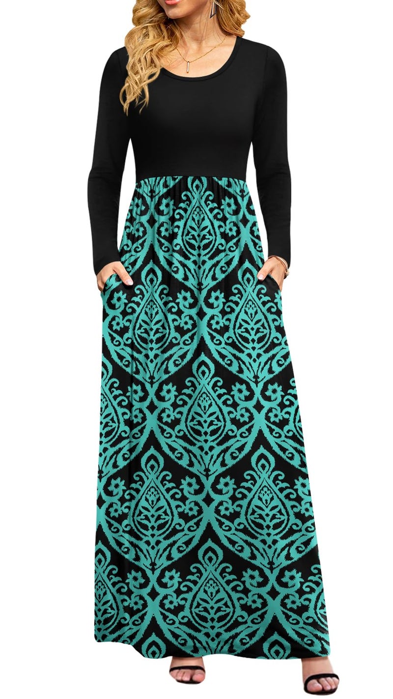DB MOON Women Casual Long Sleeve Maxi Dresses Empire Waist Long Dress with Pockets Black and Green M - Image 1