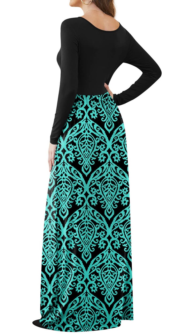 DB MOON Women Casual Long Sleeve Maxi Dresses Empire Waist Long Dress with Pockets Black and Green M - Image 3