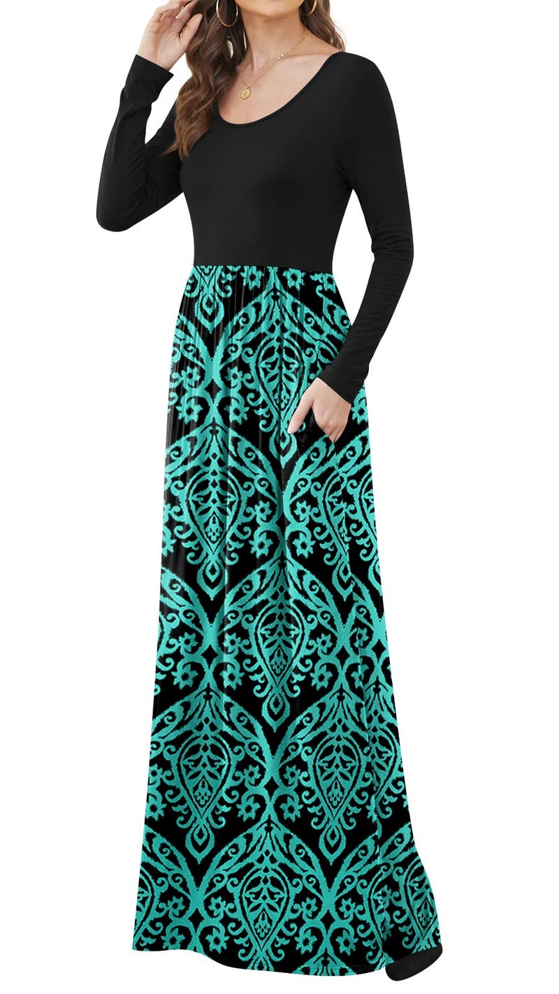 DB MOON Women Casual Long Sleeve Maxi Dresses Empire Waist Long Dress with Pockets Black and Green M - Image 4