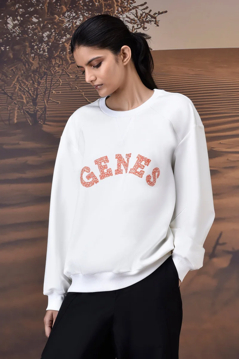 Genes Lecoanet Hemant Ecru Crew Neck Sweatshirt with Textured GENES AppliquÃ©