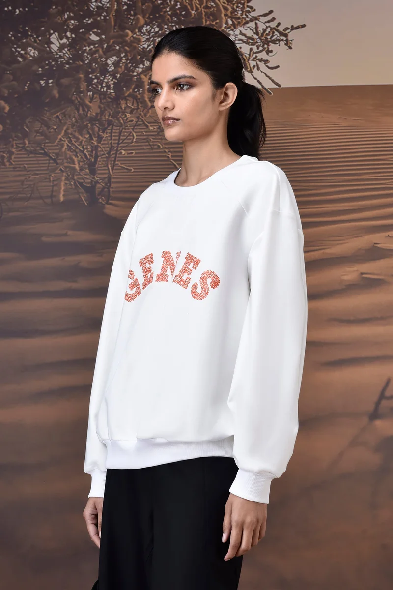 Genes Lecoanet Hemant Ecru Crew Neck Sweatshirt with Textured GENES AppliquÃ©