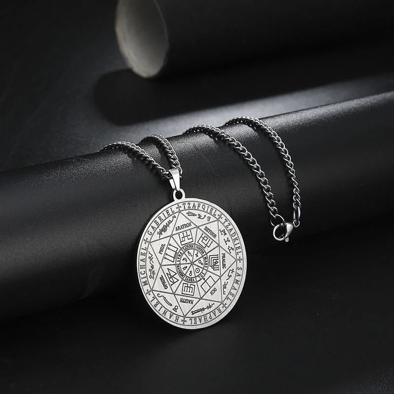 Chavin Gray Steel Seven Archangel Magic Protection Seal Talisman Necklace for Women Men EU44