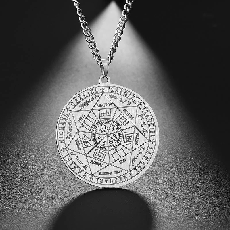 Chavin Gray Steel Seven Archangel Magic Protection Seal Talisman Necklace for Women Men EU44