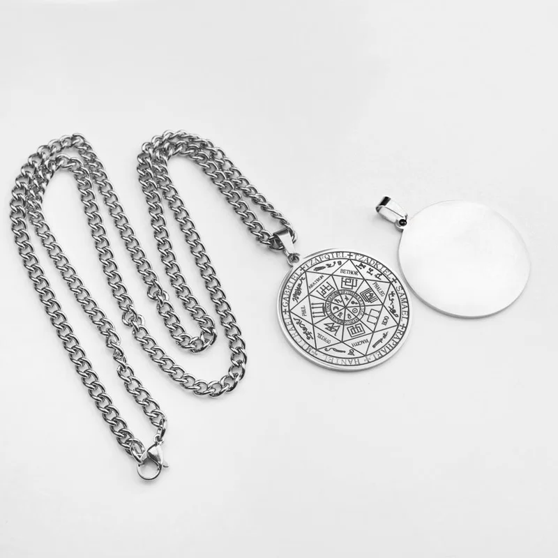 Chavin Gray Steel Seven Archangel Magic Protection Seal Talisman Necklace for Women Men EU44