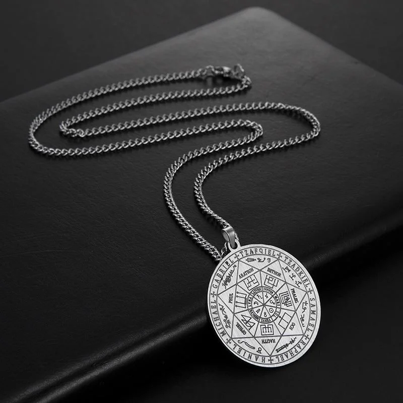 Chavin Gray Steel Seven Archangel Magic Protection Seal Talisman Necklace for Women Men EU44