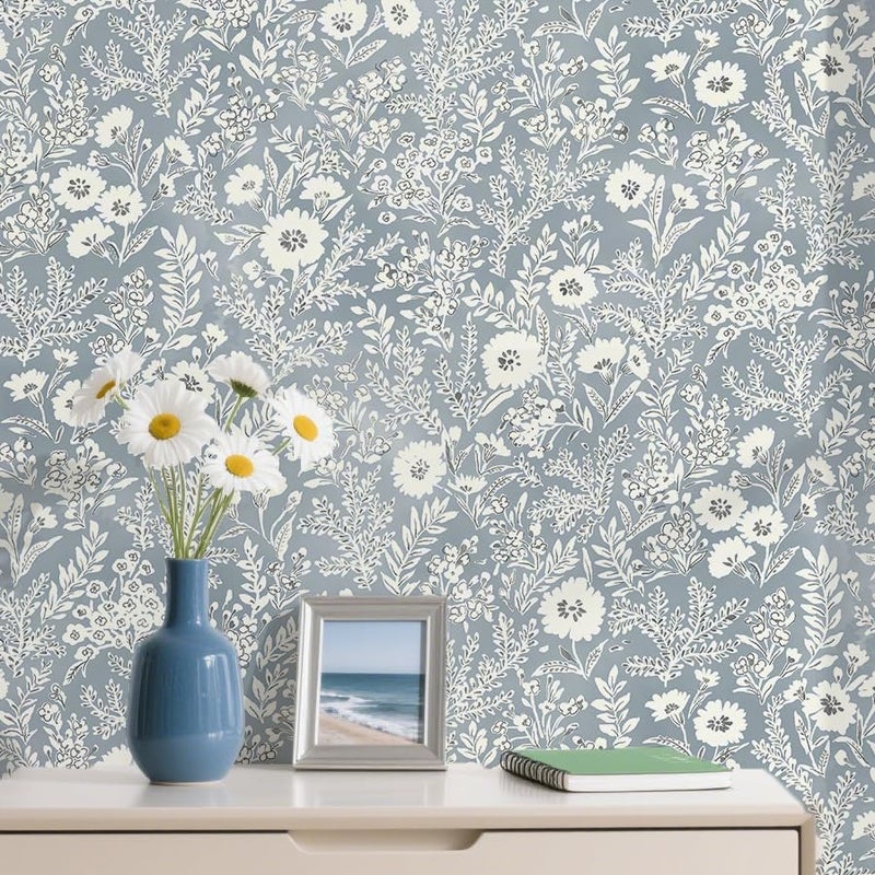 Micpolo Blue Wallpaper Peel and Stick wallpaper Blue Floral Wall Paper for BedroomBathroom Vintage Boho Contact Paper Removable Selfadhesive Wall Decor Shelf LiningsCabinets Vinyl Roll 173 x 118