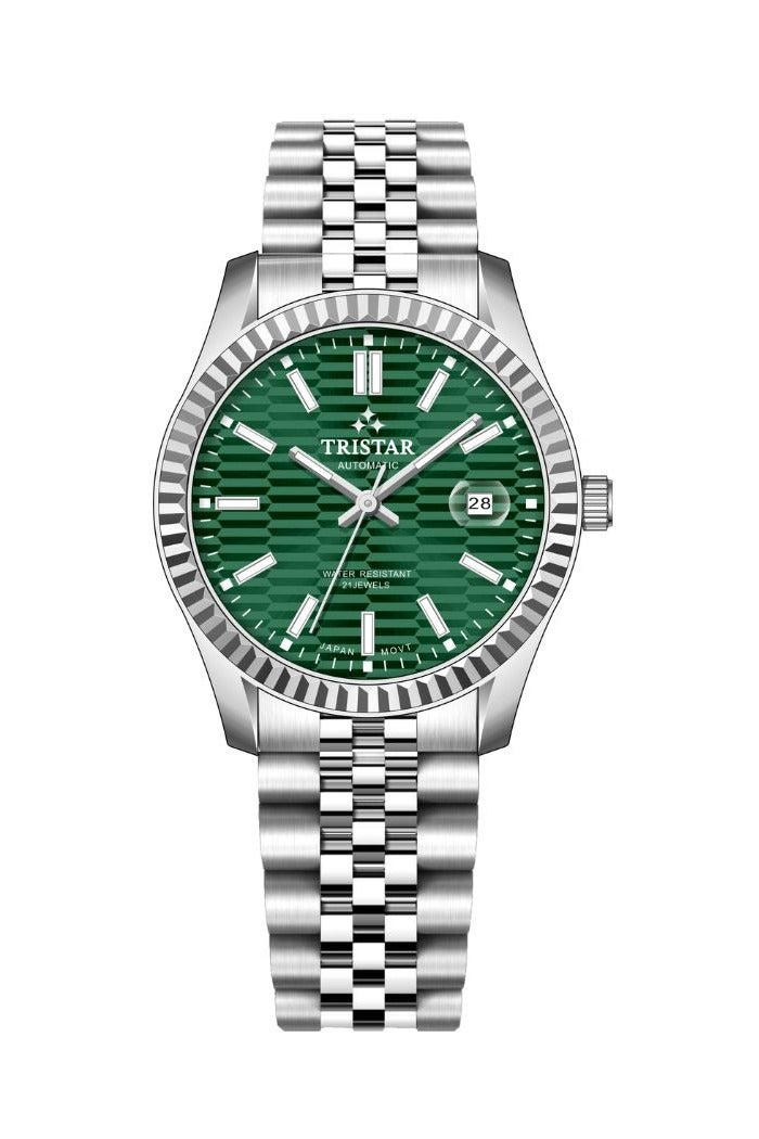 Tristar ساعة أوتوماتيكية يابانية للرجال من سلسلة تريستار RM مع قرص أخضر مزخرف ومbracelet من الفولاذ المقاوم للصدأ - Image 1