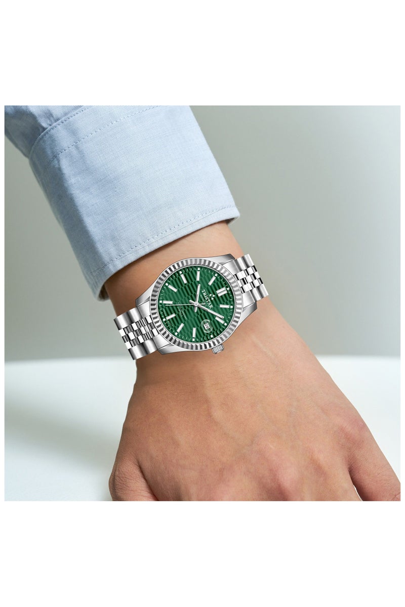 Tristar ساعة أوتوماتيكية يابانية للرجال من سلسلة تريستار RM مع قرص أخضر مزخرف ومbracelet من الفولاذ المقاوم للصدأ - Image 2
