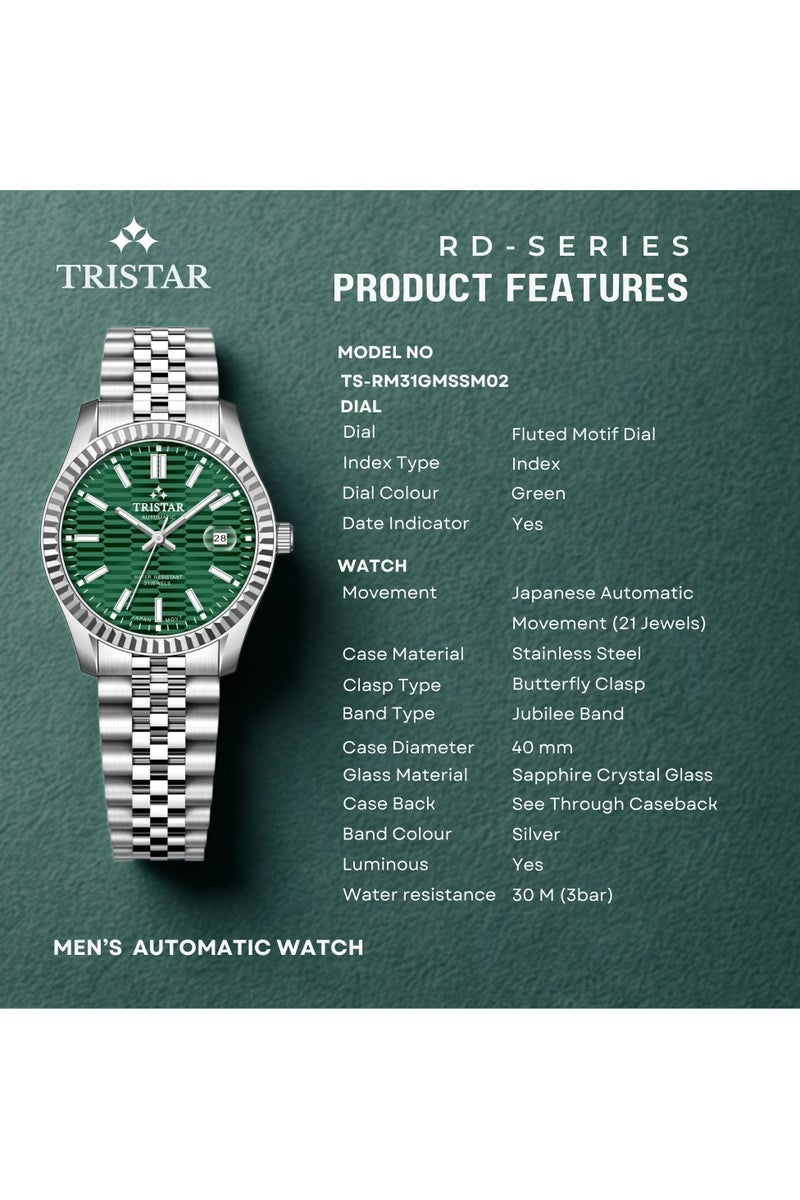 Tristar ساعة أوتوماتيكية يابانية للرجال من سلسلة تريستار RM مع قرص أخضر مزخرف ومbracelet من الفولاذ المقاوم للصدأ - Image 3