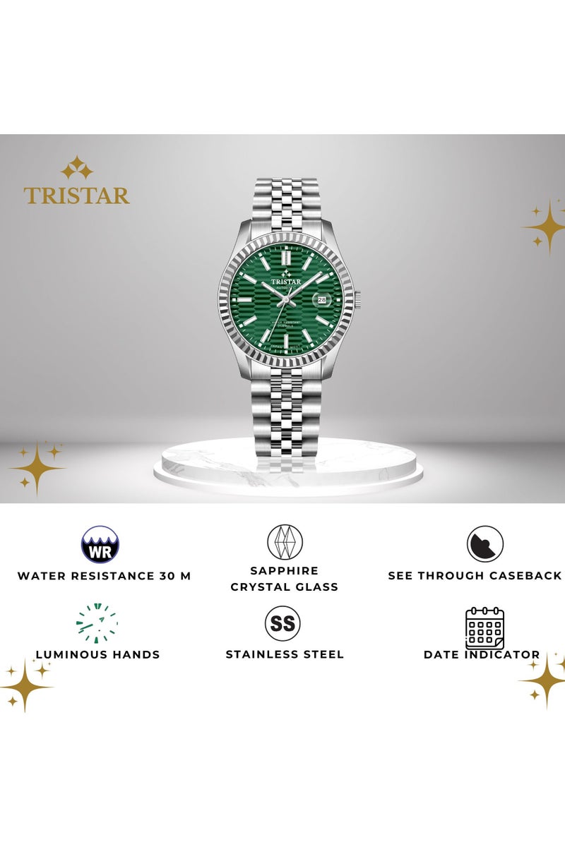 Tristar ساعة أوتوماتيكية يابانية للرجال من سلسلة تريستار RM مع قرص أخضر مزخرف ومbracelet من الفولاذ المقاوم للصدأ - Image 4
