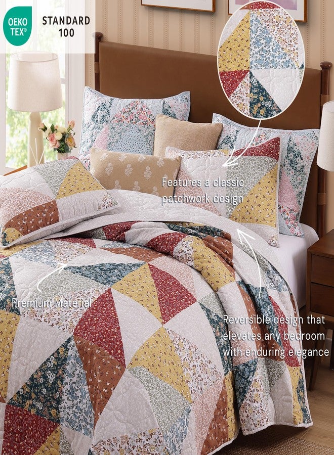 BLOOMHAVEN Quilt Set Queen Size, Patchwork Burnt Orange Floral Quilt Sets, Reversible Bedspread Lightweight and Breathable for All Seasons, Soft Quilted Bedspread with 2 Pillow Shams - Image 5